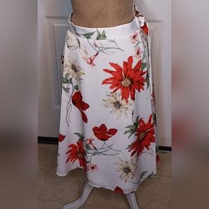 Antonio Melani Red and Cream Midi A-Line Skirt With Faux Wrap Size 4